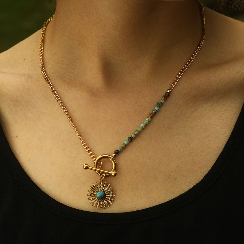 Boho-Chic McKENZIE Necklace - Natural Blue Stone & Gold  - Ornate Sun Pendant